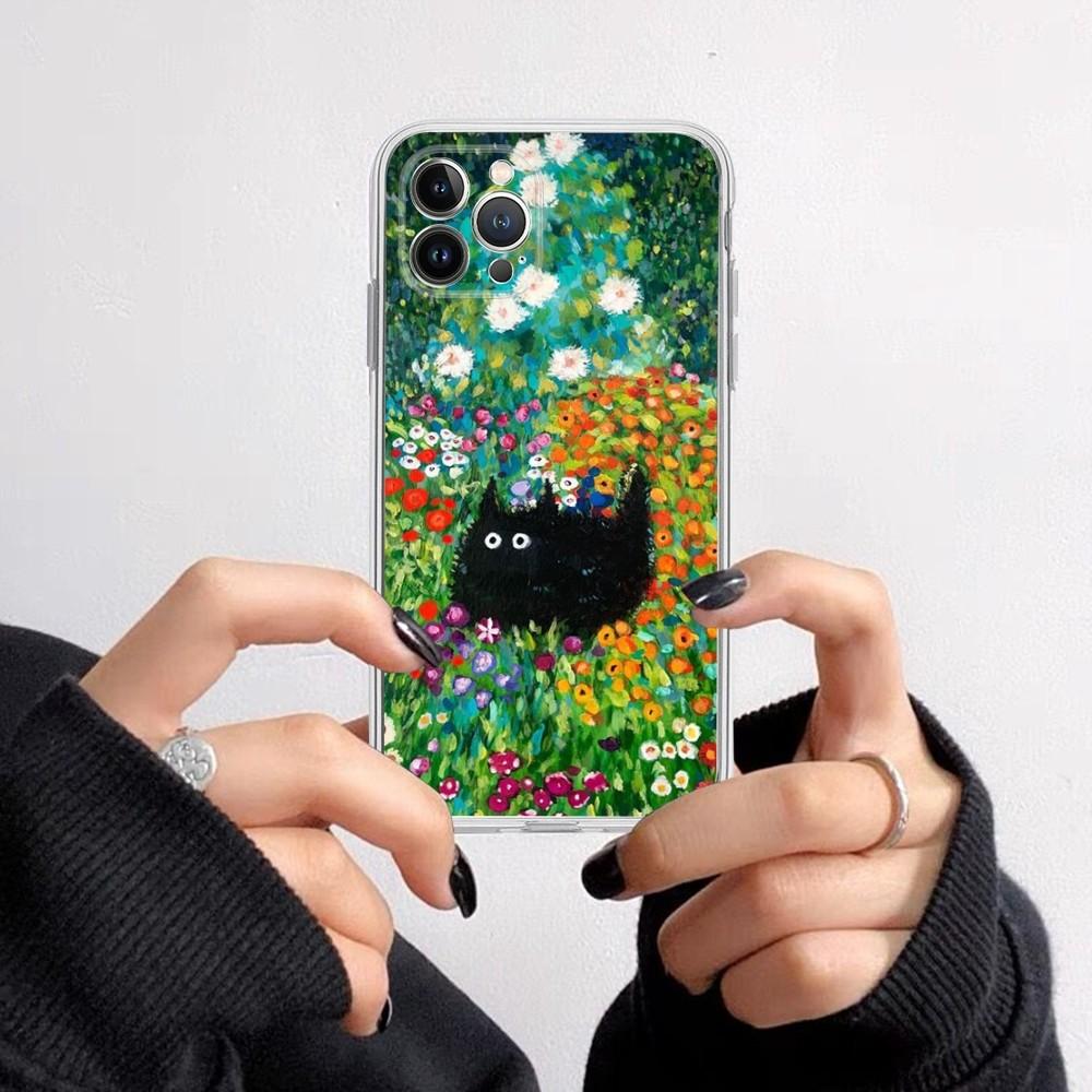 Cartoon Animal Black Cat Oil Painting Phone Case for iPhone 16 15 8 7 6 6S Plus X SE XR XS 14 11 12 13 Mini Pro Max Mobile Case