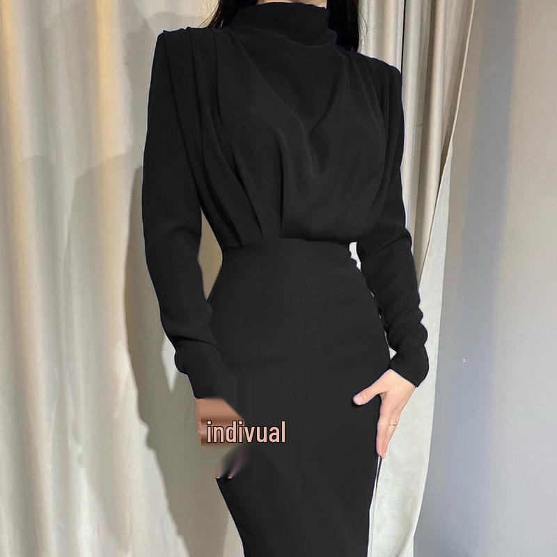 2026 Elegant Waist-Cinching Long Sleeve Solid Color Dress - Autumn/Winter Fashion
