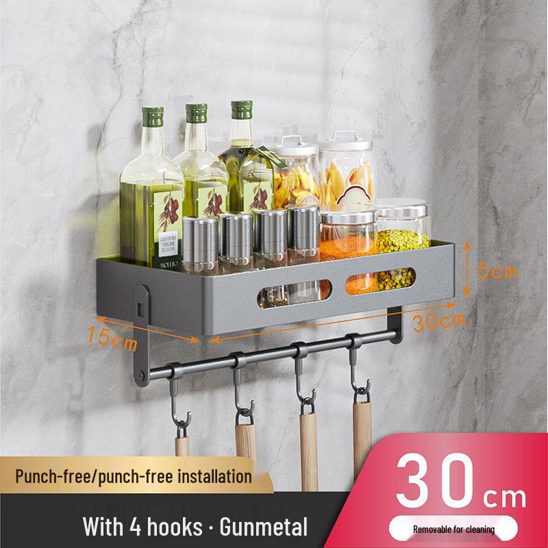 Charlotte Gunmetal Grey Wall-Mounted Kitchen Storage Rack with Seasoning Jar Organizer, Punch-Free
