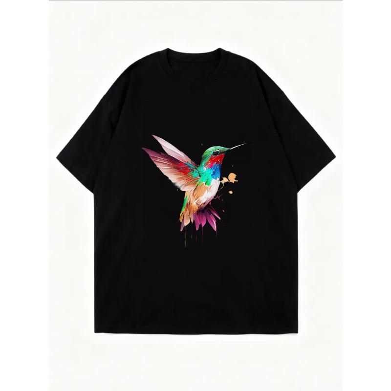 White Oversized T Shirt With Colorful Hummingbird Print For Casual Wear