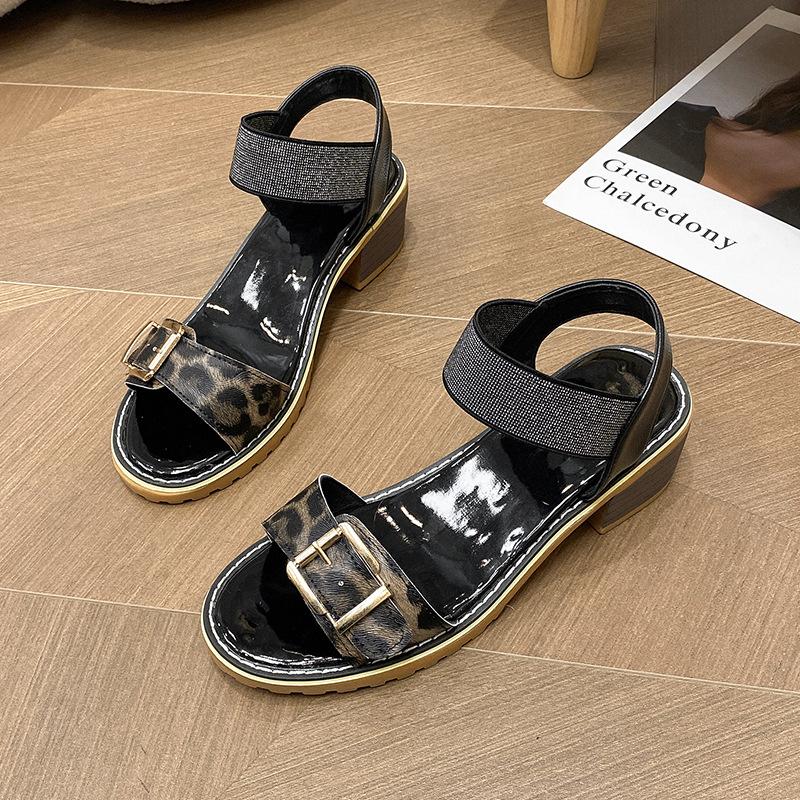 Fashion Leopard Print Chunky Heel Open Toe Sandalias De Mujer Metal Buckle Comfort Non-Slip Casual Big Size Women Shoes 35-43 High Heels