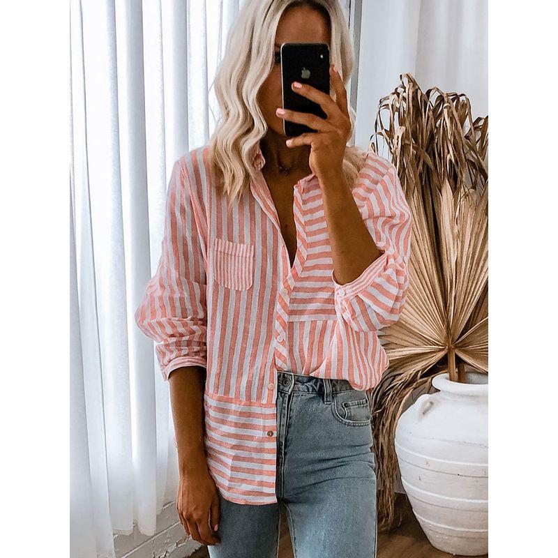 Early Spring 2025 New Arrival Work Clothing All-Matching Striped Shirt Women Fashion Fashion Colorblock Single-Breasted Long Sleeve Shirt Women