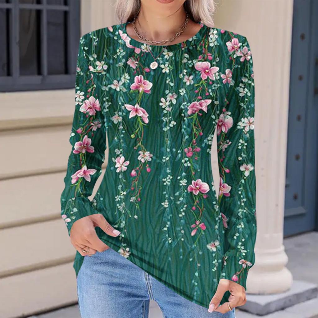 Women's Fashionable Casual Floral Retro Print Pleated Comfortable Round Neck Loose Long Sleeve T-shirt Top