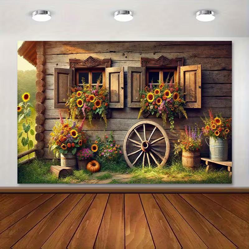 2D Wooden Cabin and Wildflower Background Cloth Photo Booth Prop