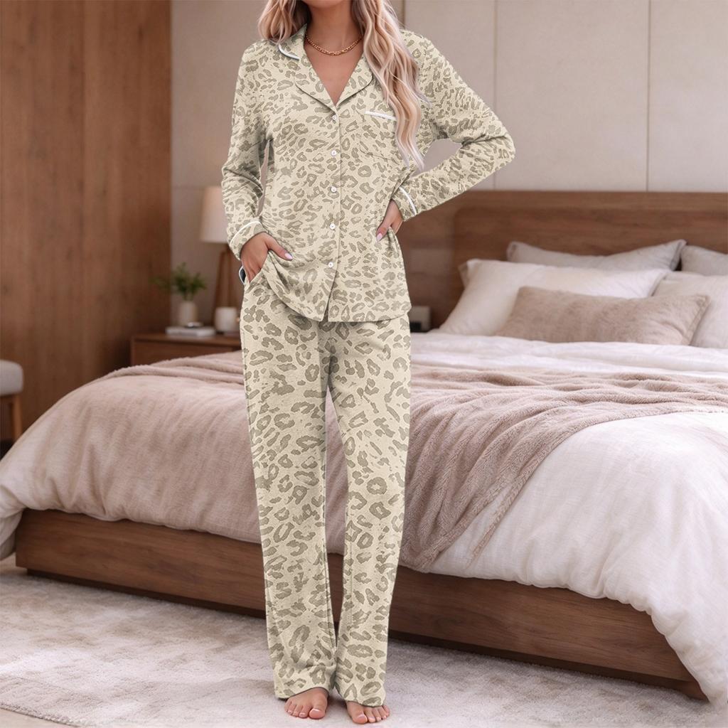 Women's Printed Pajama Set Long Sleeve V-Neck Button-Up Top and Pants with Pockets for Loungewear
