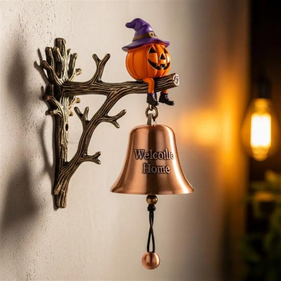 Halloween Witchy Pumpkin Welcome Bell Spooky Cartoon Witch Hat Pumpkin Metal Door Bell Home Office Entrance Wall Decorative Bell
