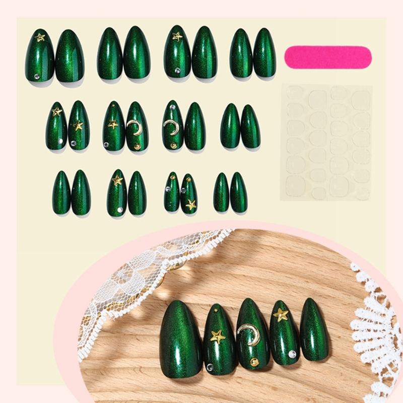 Fashion Press On Nail With Emerald Cats Eye Design Lightweight Full Cover Stick On Nail for Women Manicure