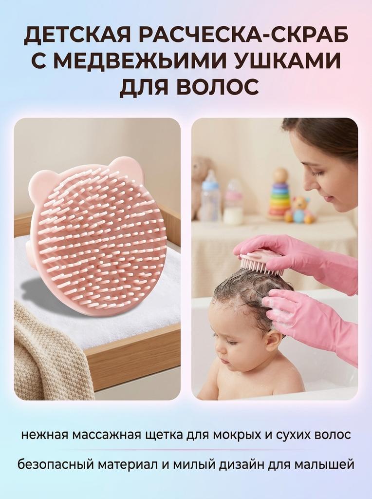 Baby Shampoo Hair Scrub Brush Cute Bear Ears Scalp Scrubber for Baby Both Wet Dry Hair
