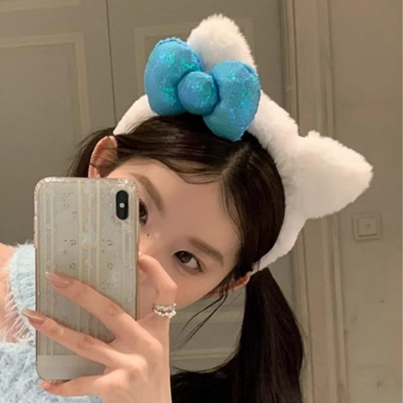 Super Cute Niche Hair Band Casual Cat Ear Plush Headband Used For Washing Face Sequin Bow Headband Women'S Photo Hair Accessory