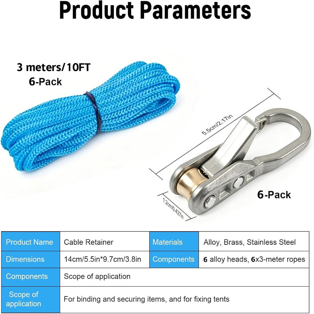 Rope Ratchet, 6-Pack Rope Roller Tensioner, Heavy-Duty Retractable Buckle, Down Tool for Camping, Tarp, Boating, Outdoor Gear