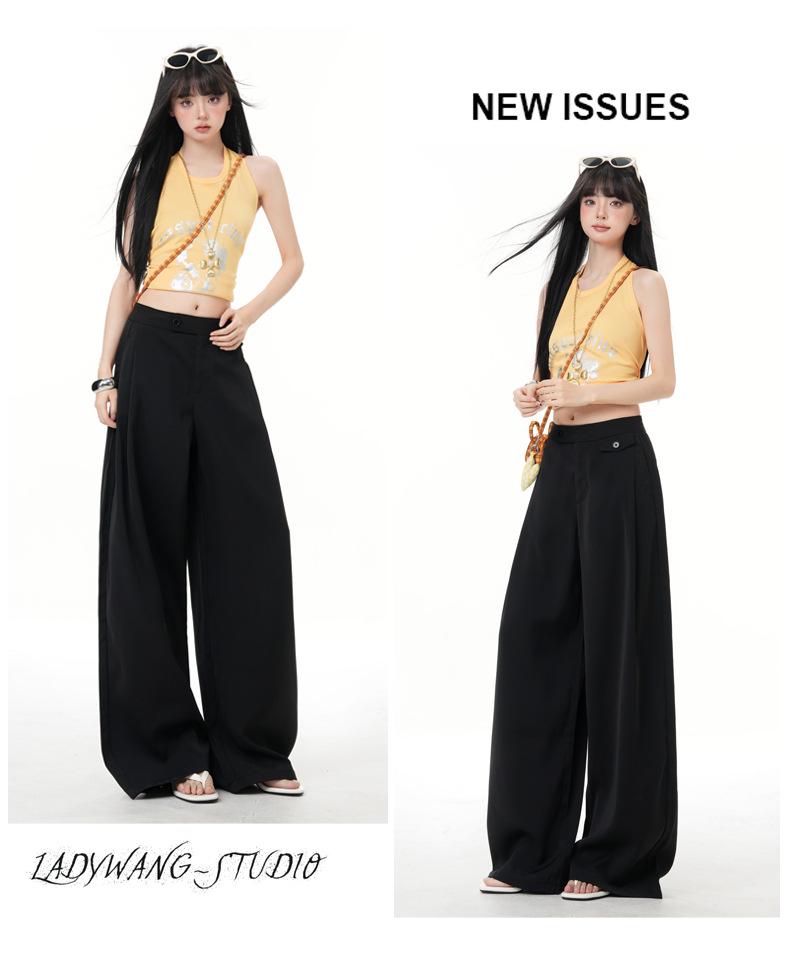 Minghai Spring Black High-Waist Wide-Leg Casual Women's Pants
