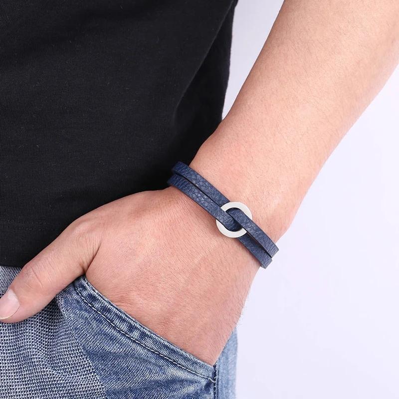 Fashion Double Layer Leather Hand Bracelet for Men Women Charm Stainless Steel Bangles Couples Jewelry Wristband Gift