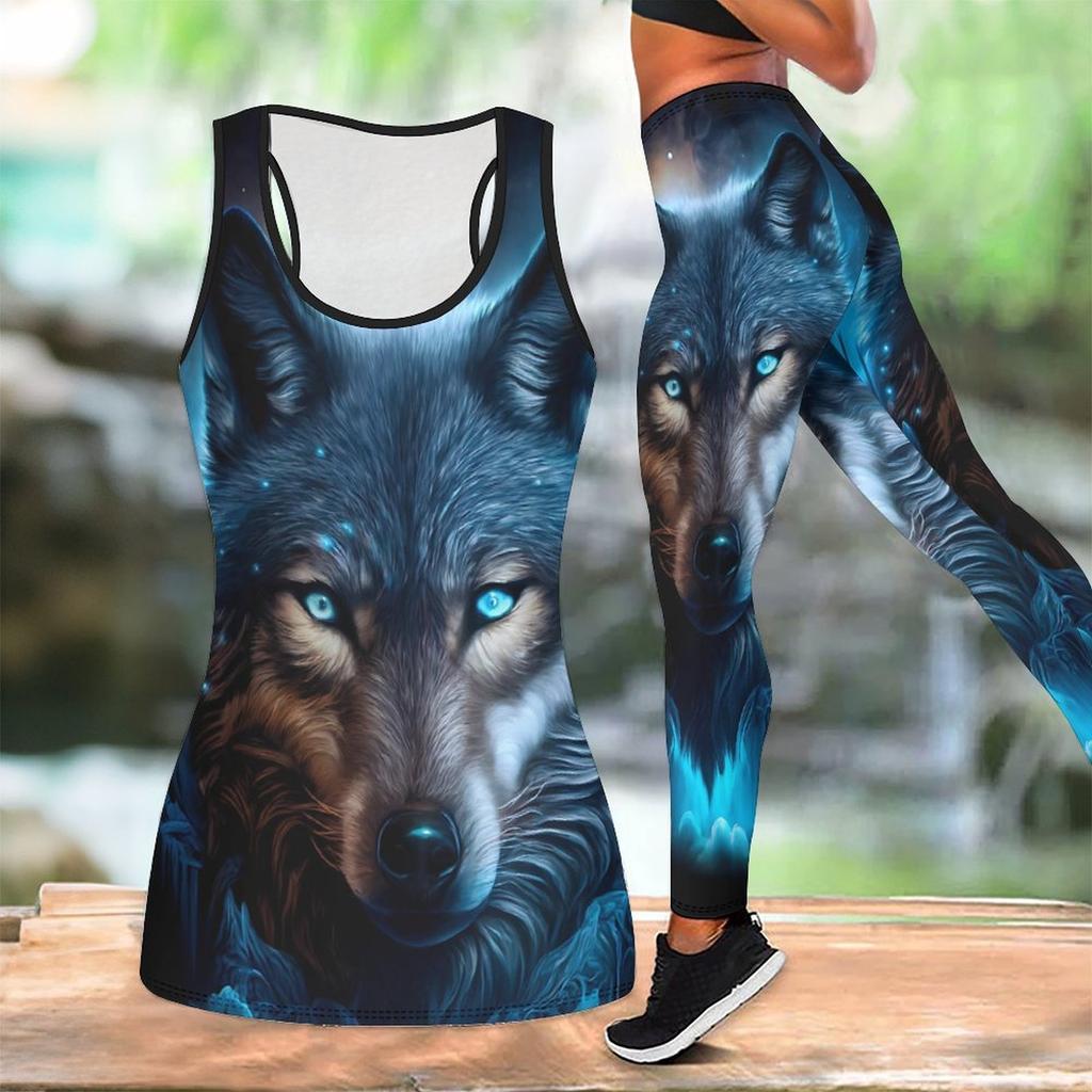 Cunning Wolf Pattern Print Yoga Outfit for Women Fashion Workout Leggings Fitness Sports Casual Yoga Set Sports Suit