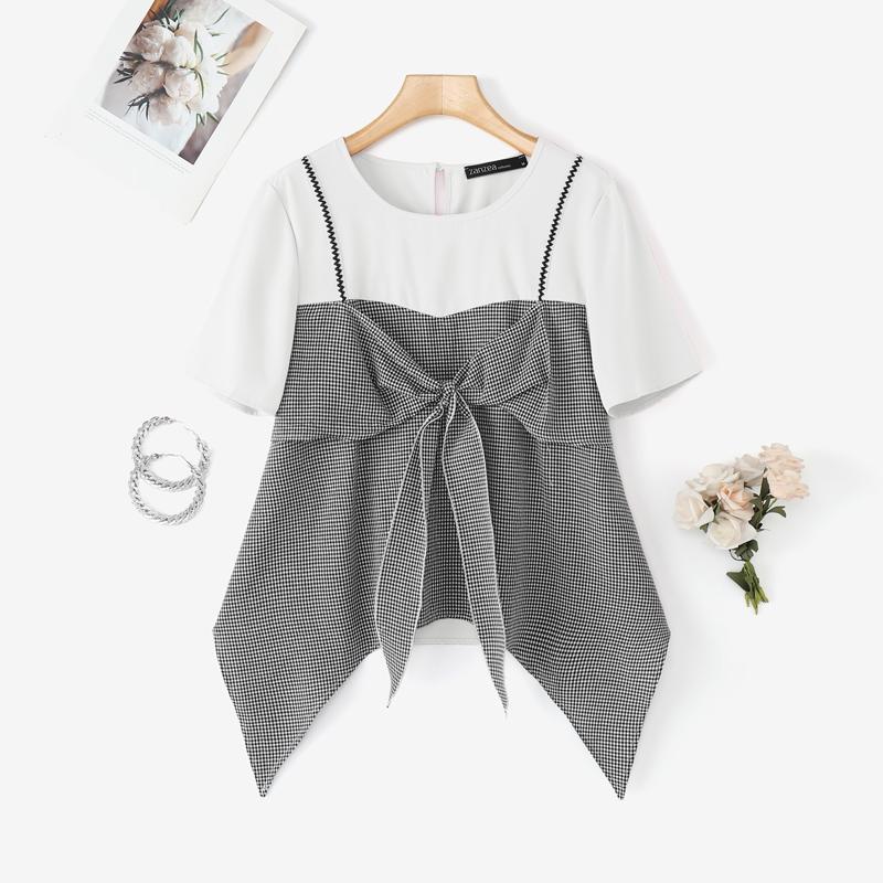 

ZANZEA Женская повседневная блузка с лоскутным узором в клетку, с коротким рукавом, на лето 4XL белый