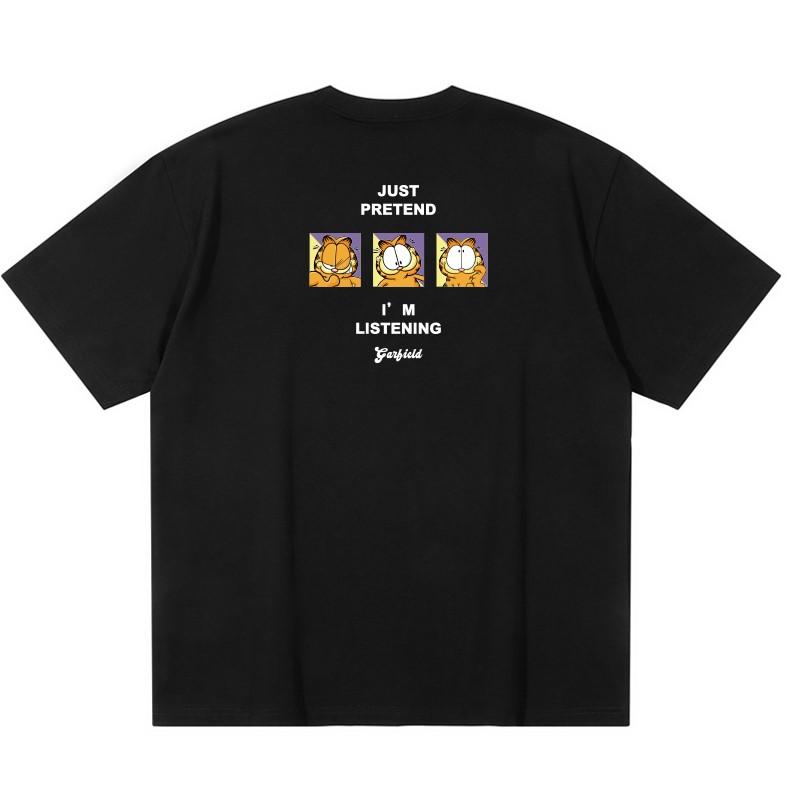 

Garfield Just Pretend I m Listening Front & Back Print T-Shirt, American Streetwear Heavyweight Cotton Loose Fit Oversized Couple Top S