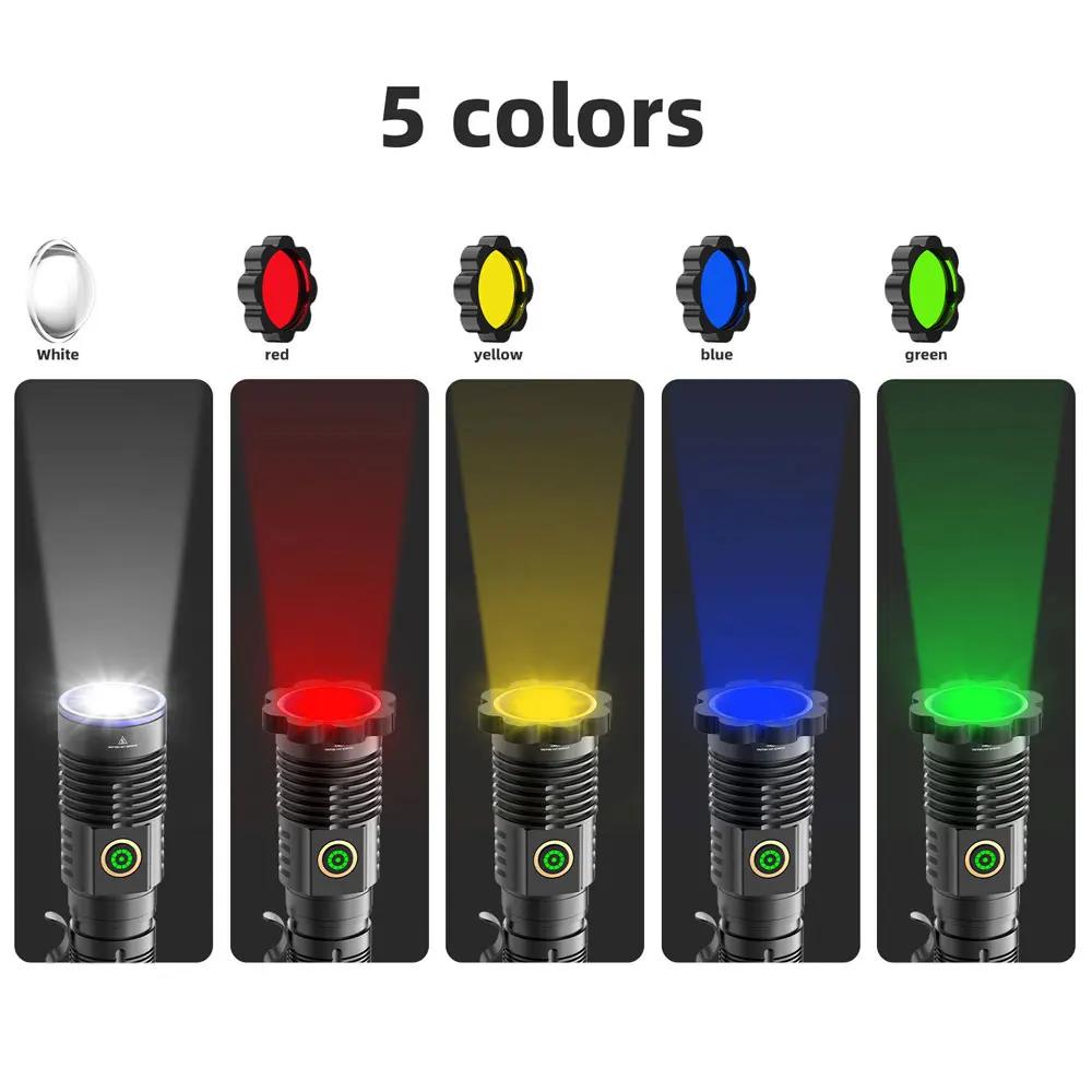 Tactical Flashlight Green Red Powerful LED Flashlight Five Colors Bright Spotlight Long Range Zoomable Emergency Torch Outdoor