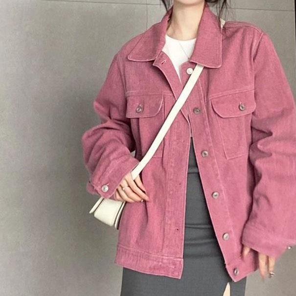 Women's Retro Rose Pink Denim Jacket – American and Hong Kong Style, Loose Fit, Versatile for Spring & Autumn