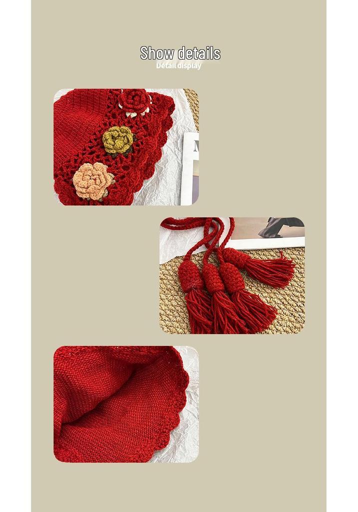 Women's Hand-Knitted Wool Hat with 3D Flowers and Tassels - Ethnic Style Ear Protection for Autumn/Winter Warmth.
