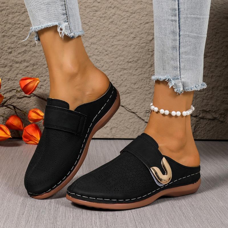 Women's Baotou Flat Casual Half Slippers New Solid Color Wedge Metal Buckle Beach Slippers