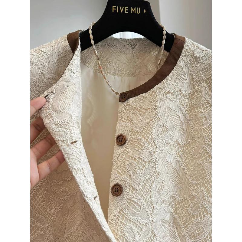 Women Lace Sleeveless Round Neck Single Breasted Vest Top