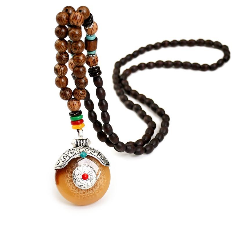 GemChic Women's New Vintage Wooden Beads Amber Pendant Long Necklace Classical Ethnic Fashion Birthday Christmas Jewelry Gift