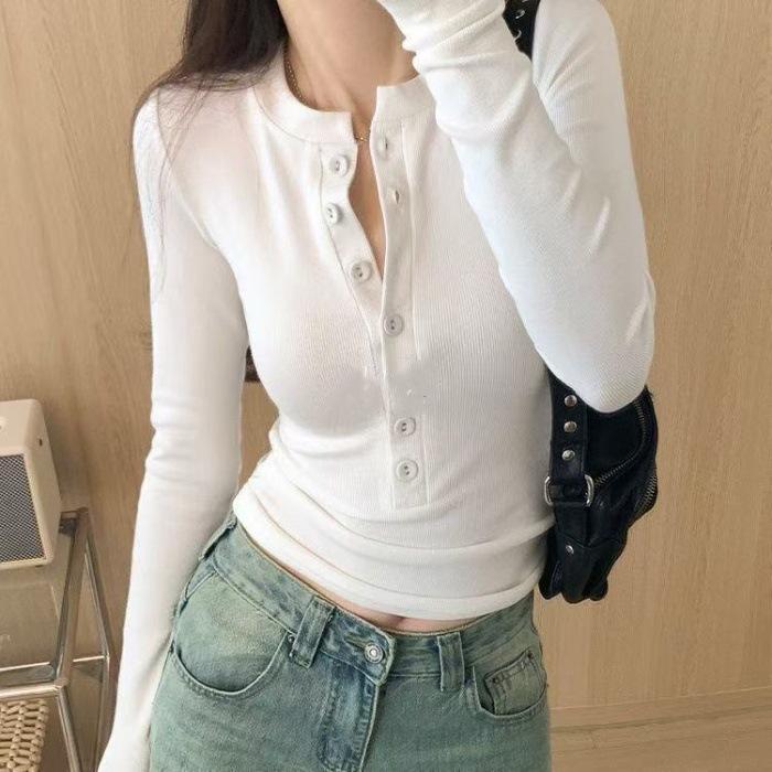 Women’s Autumn V-neck Sexy Button-Up Long-sleeved T-shirt: Slim-fit, Slimming Base Layer Top