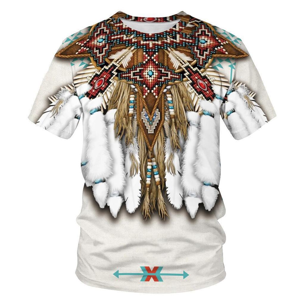 Été Nouveau T-shirt Décontracté à Manches Courtes et Col Rond pour Homme avec Impression Numérique 3D Amérindienne