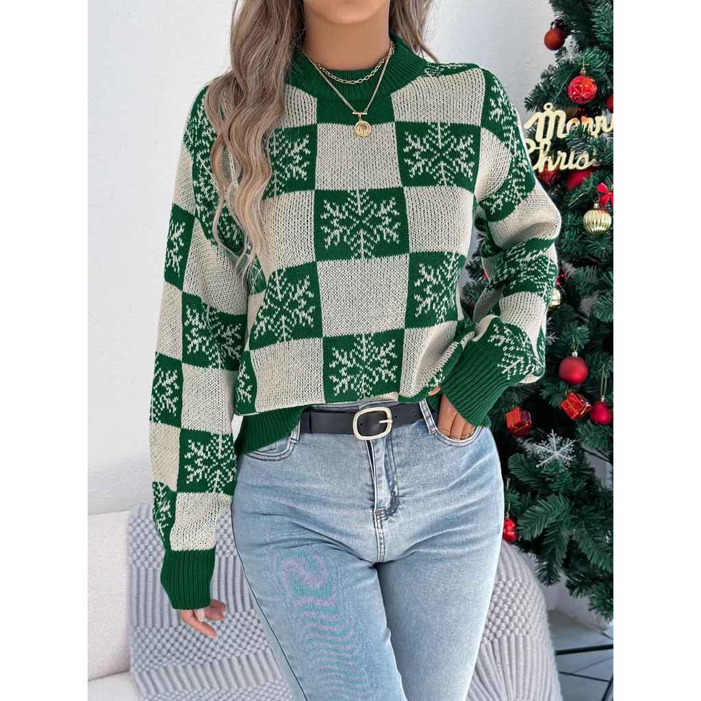 Autumn Winter Snowflake Checkered Knitted Sweaters Lantern Pullover Sweater Women's Christmas Sweater