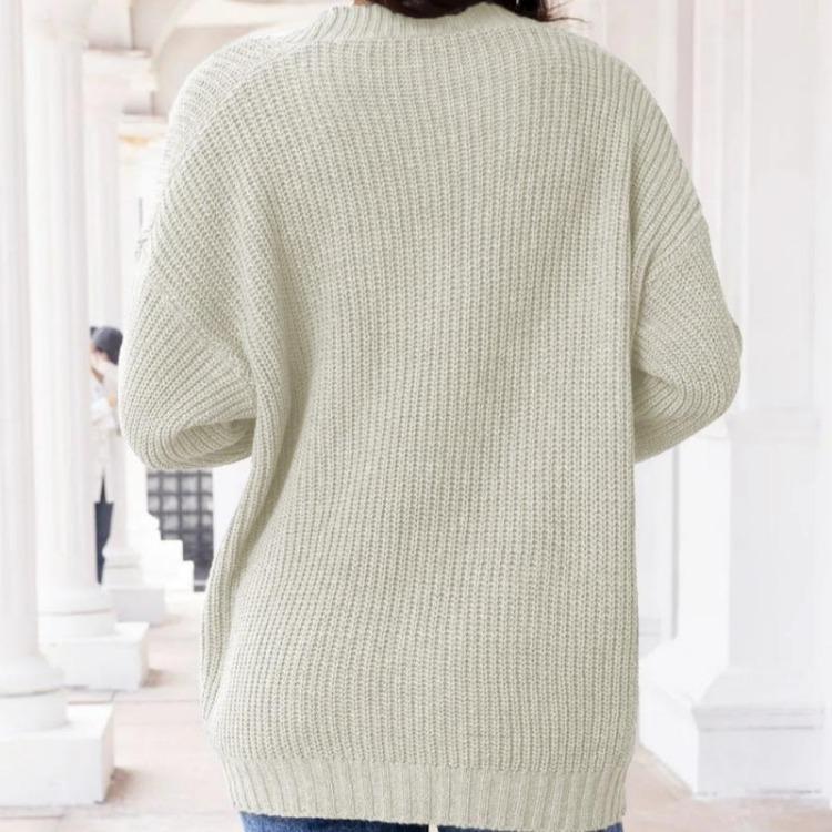 Women's V-neck Solid Color Knitted Cardigan Loose Single-breasted Sweater for Spring and Autumn
