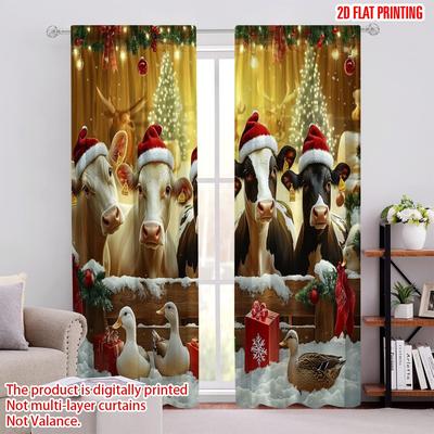Set Of 2 Flat Printing Merry Christmas Window Drapes Farm Cute Animals Polyester Without Electricity Party Curtain Made