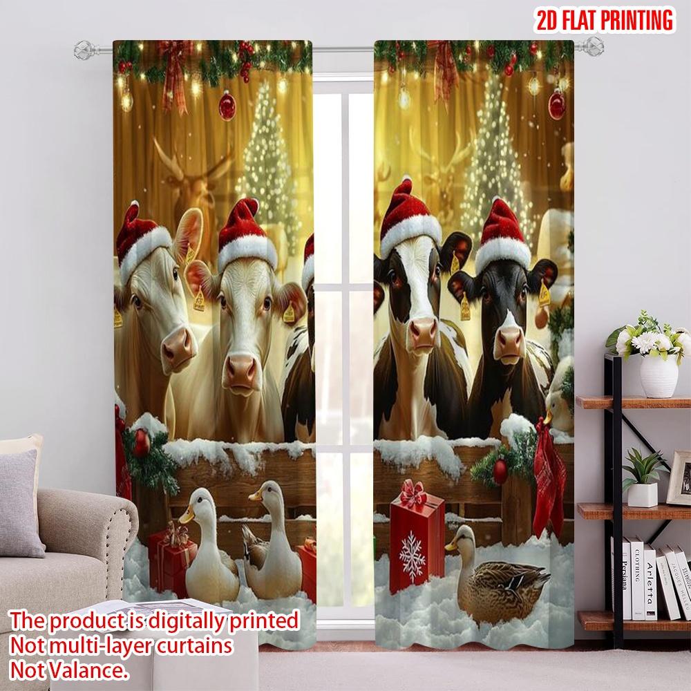 

Set Of 2 Flat Printing Merry Christmas Window Drapes Farm Cute Animals Polyester Without Electricity Party Curtain Made W100*H70(CM)-Grommet top&2PCS