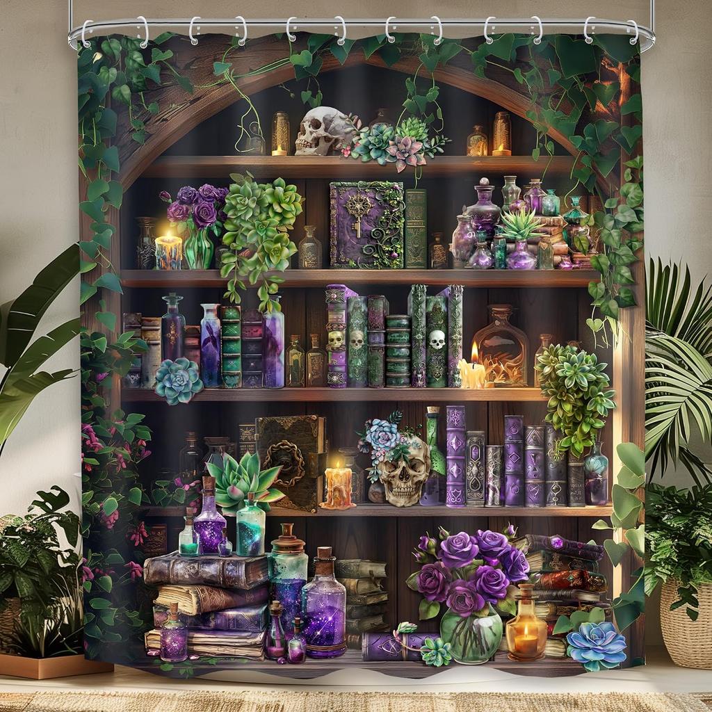 Halloween Witchy Gothic Shower Curtain Bookshelf Spooky Bathroom Decor