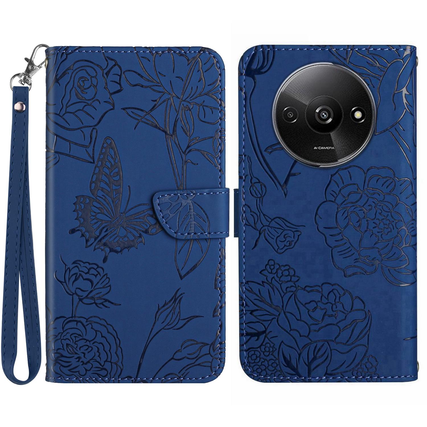 

HT03 For Xiaomi Redmi A3 4G/Poco C61 4G Case Butterfly Flower Leather Flip Phone Cover with Hand Strap Blue