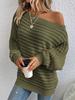 Autumn Winter New Solid Color 3D Ribbed Horizontal Stripe One-Shoulder Batwing Sleeve Pullover Knit Sweater for Women