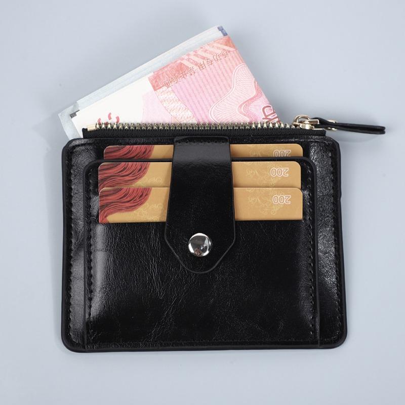 Portefeuille porte-cartes en cuir vintage pour homme Blocage RFID Fin Fermeture éclair Porte-monnaie Portefeuille minimaliste pour poche avant avec plusieurs fentes pour cartes et fermeture à bouton-pression