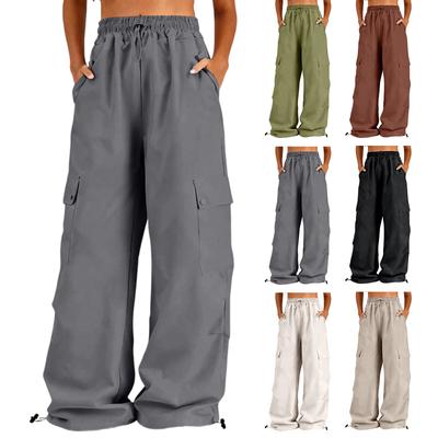 Women's Fashion Outdoor Loose Straight-Leg Drawstring Cargo Pants, Versatile Trendy Color Casual Pants
