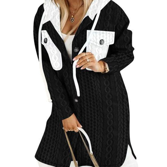 Langer Cardigan für Damen, übergroßer Cardigan mit Kapuze, gemütlicher Kapuzenpullover mit gedrehtem Muster, Kontrastfarbe für dicke Damenjacke