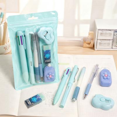 Office Records Supplies 7PCS Stationery Set, Macaron Color Gel Pens/Correction Tape/Cutter/Eraser Include, Learning Daily Writing Equipment