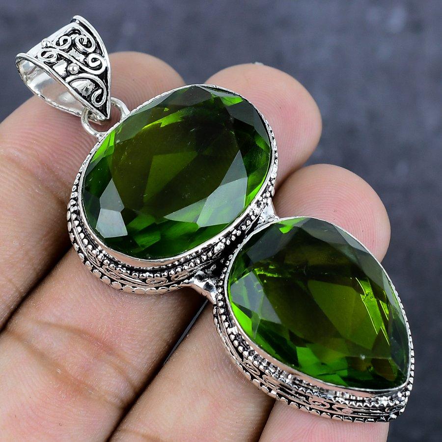 Natural Peridot Gemstone Handmade 925 Sterling Silver Jewelry Pendant 2.56" O5Q07