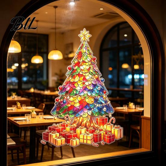 Reusable Holiday Window Film Stained Glass Style Christmas Tree Stickers, Removable PVC Static Cling Decals for Waterproof Seasonal Wall Art
