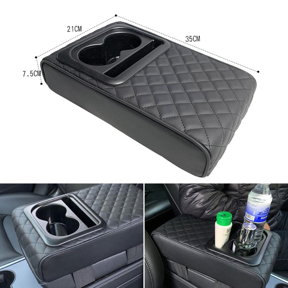 Auto Center Console Armrest Cushion With 2 Cup Holder PU Leather Armrest Pad Portable Car Amrest Pillow Cover Height Pad