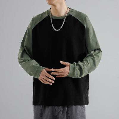 New Semi High Neck Hoodie Men's Long Sleeved T-shirt Men's Loose and Versatile Casual Men's Color Blocked Base Shirt