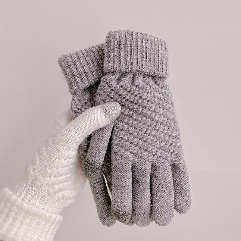 Autumn and Winter Warm Gloves Student Wool Knitted Thickened Velvet Cold Protection Riding Jacquard Finger Gloves Touch Screen Female