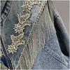 Womens Denim Jacket Rhinestone Tassel 2026 Loose Fit Vintage Distressed Zip Up Streetwear