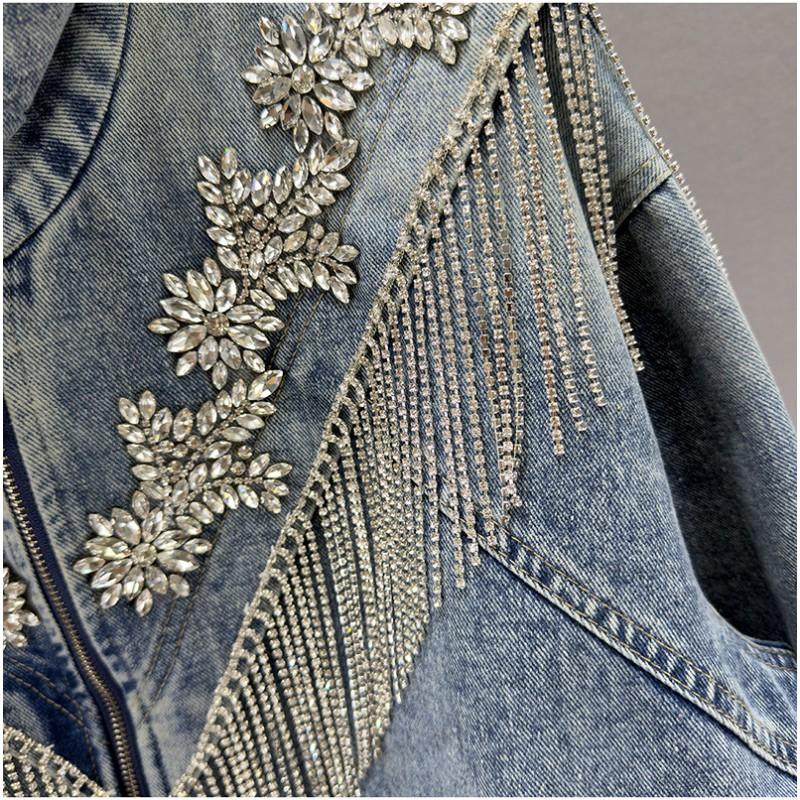 Womens Denim Jacket Rhinestone Tassel 2026 Loose Fit Vintage Distressed Zip Up Streetwear