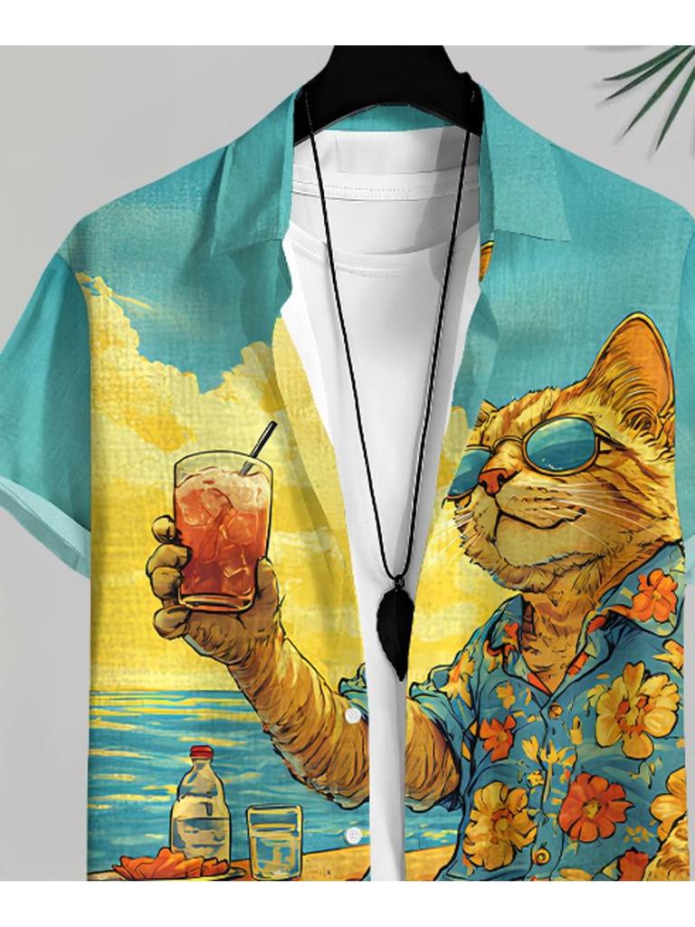 Men'S Casual Short Sleeve Shirt, Cartoon Cat Pattern Printed, Polyester Material, Mixed Color, Multiple Specifications Available, Suitable for Daily