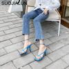 Fashion SUOJIALUN Gladiator Sandals High Heels Sandal Shoes Fashion Brand Strap Flip Flops Sexy Thin High Heel Pumps Square Toe Shoes