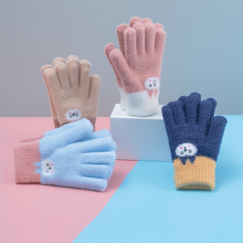 Schoolgirl Autumn and Winter Cartoon Cute Rabbit Five-finger Knitted Warm and Cold-proof Wool Windproof Riding Older Children's Gloves