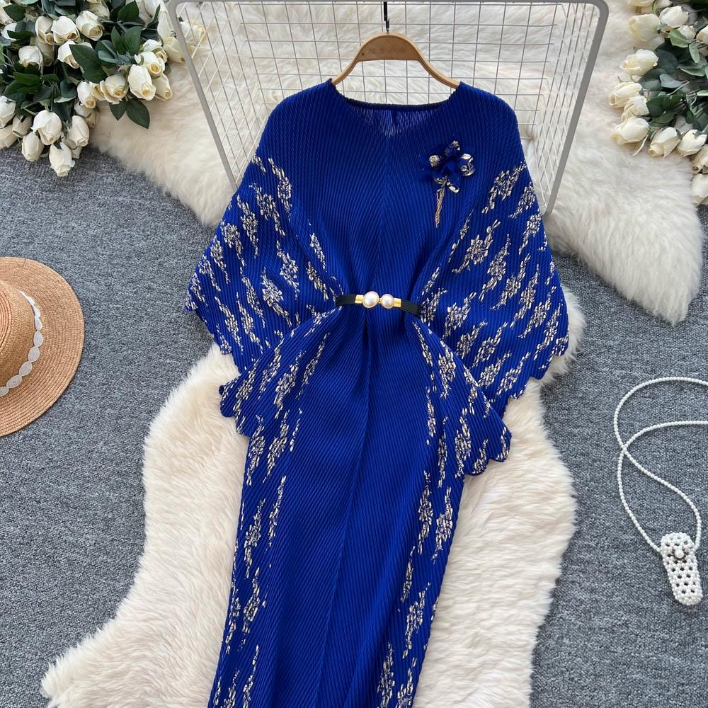 Jarní podzimní dámské elegantní 3D květinový tisk Miyake s přehybem a netopýřím rukávem, nadměrné volné skládané šaty s páskem