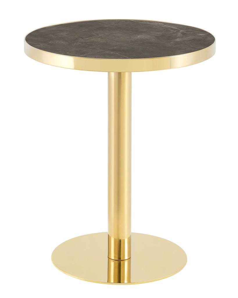 Modern round side table with golden stainless steel frame, table with marble-look surface for the living room, luxurious side table with stable base